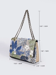 Detailed size specifications of beige linen shoulder bag with floral sequin embroidery