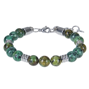 Close-up of 8mm tiger eye beads and stainless steel lobster clasp on a men's bracelet
