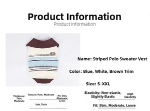 Detail eines blau-weiß gestreiften Haustier-Pullovers mit Aufnäher und Größentabelle