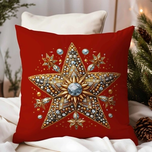 Detailed view of red Christmas pillowcase with star-shaped jewel embroidery and festive lights