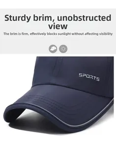 Detail of navy blue sports cap showing reflective strip on brim and breathable mesh fabric