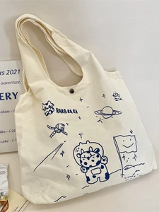 Large capacity canvas tote bag with space cow print and astronaut illustration
