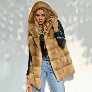 Gilet long en fausse fourrure à capuche pour femme, veste d'hiver sans manches camel