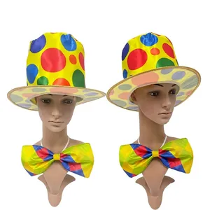 Colorful polka dot clown top hat and harlequin necktie set for Halloween party costumes