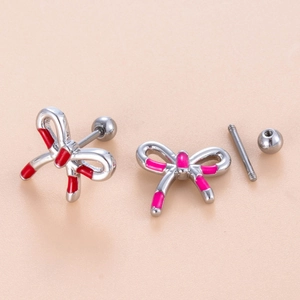 Silver titanium steel bow stud earring with pink and red enamel and ball screw back