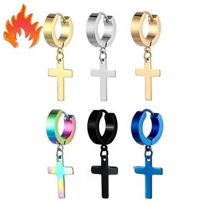 Detailed showcase of stainless steel cross drop earrings in six diverse metallic finishes
