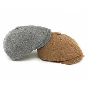 Classic wool blend newsboy cap in grey and tan with vintage textured knit finish