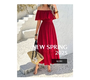 Detail of red off-the-shoulder maxi dress featuring smocked waist and delicate lace trim