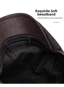 Detail of soft cotton sweatband and premium brown leather brim on men's newsboy cap