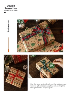 Detail of Christmas kraft wrapping paper set with ribbons and festive tree patterns