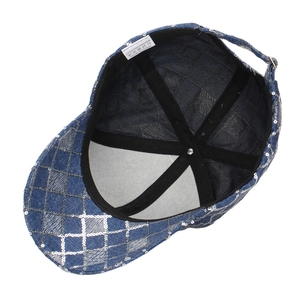 Stylish blue sequin baseball cap featuring a diamond pattern and adjustable strap closure