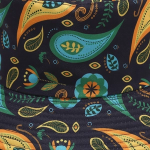 Fashionable paisley bucket hat featuring vibrant bohemian digital print and deep blue fabric