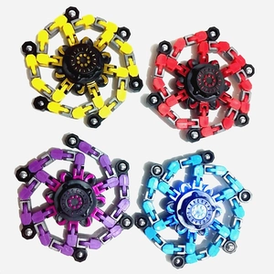 Mechanical fidget spinner with deformable chain link arms in four vibrant colors