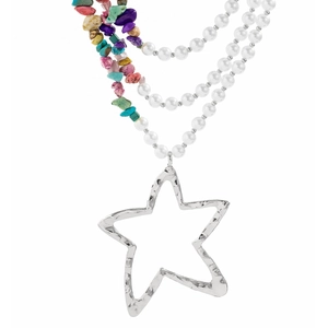 Macro detail of multilayer necklace with silver star pendant, pearls and colorful beads