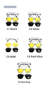 Matrix of five metal frame polarized sunglasses sets in black, silver, and gold finishes