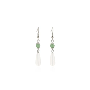 Detail of silver drop earrings with green bead and white teardrop pearl pendant