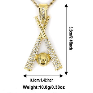Detailed view of a gold baseball pendant with sparkling rhinestones and size measurements