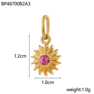 Detail view of 18k gold octagram pendant with pink stone inlay and size measurements