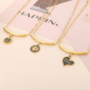 Fashion Stainless Steel Paperclip Chain Necklace Bracelet Set For Women Gold Silver Enamel Heart Love Anchor Pendant Jewelry
