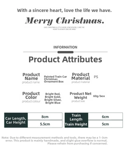 Specifications of Christmas train and car hanging ornaments with dimensions and weight
