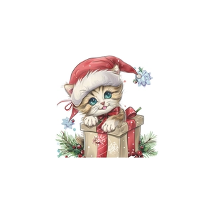 Christmas cartoon cat with Santa hat and gift box wall sticker for home decor