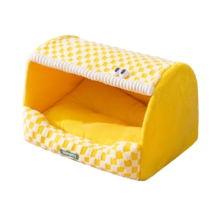 Semi-enclosed yellow checkered plush cat bed house with thick warm cushion for winter
