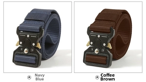 Detail of nylon tactical belts in navy blue and coffee with heavy-duty metal quick release buckles