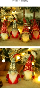 Close-up of LED glowing Christmas gnomes with snowflake knitted hats and warm lights