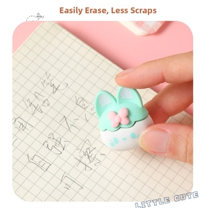 Close-up of bunny ice cream eraser erasing pencil marks on grid notebook paper