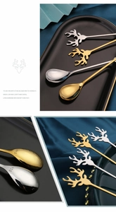 Detailed macro view of 304 stainless steel elk antler handle on gold and silver coffee spoons