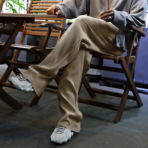 Detailed view of beige pleated wide-leg trousers showing texture and drape in casual setting