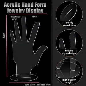 Detailed dimensions of transparent acrylic hand-shaped jewelry display stand with base