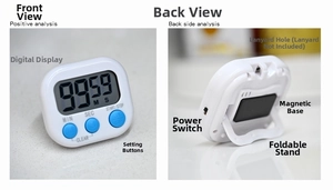 Visual digital timer detail showing magnetic back, foldable stand, and clear LCD screen