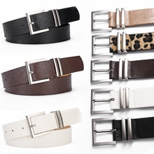 Detail view of seven colorful leather belts with square silver buckles in a variety of styles