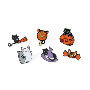 Halloween enamel pin set featuring black cats with pumpkins, witch hats, and broomsticks
