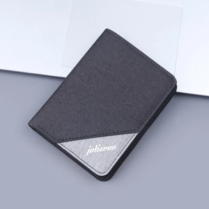 Vertical canvas bifold wallet with grey diagonal stitching for a modern business style