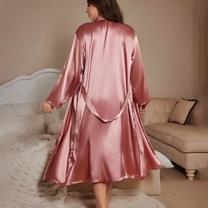 Elegant women's pink satin long bathrobe with silk texture and adjustable waist tie