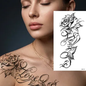 Floral Rose and Love temporary tattoo sticker showing design and shoulder application