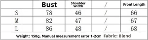 Detailed size chart for women's padded shoulder top with bust and length measurements