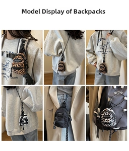 Multiple mini leopard and cow print crossbody bags shown on models for outdoor styling