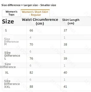 Detailed size chart for women's mini skirt including waist and length measurements