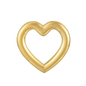 Detailed close-up of a hollow heart-shaped gold metal pendant with a smooth polished finish