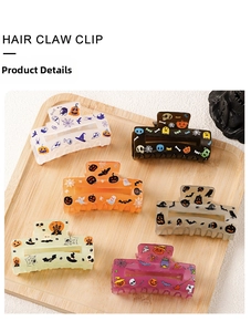 Set of six Halloween themed square hair claw clips with pumpkin and ghost prints