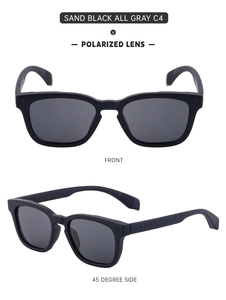 Detailed views of sand black polarized sunglasses featuring rivets and grey lenses