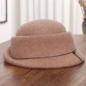 French vintage brown wool felt beret with curled brim and delicate metal chain detail