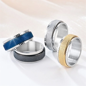 Close-up detail of rotating frosted titanium steel rings in blue, gold, and silver