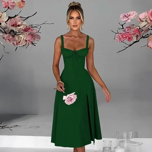 Detailed view of dark green dress with drawstring bust, slim fit and high side slit