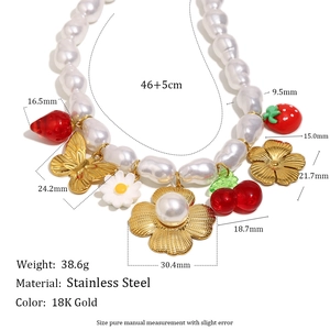 18K gold plated stainless steel necklace with baroque pearls, flower and butterfly charms