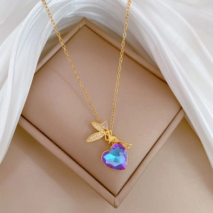 Titanium steel necklace with angel wings, heart crystal, and sparkling small diamonds