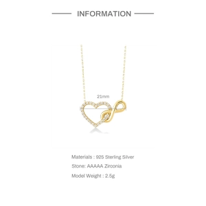 Macro detail of S925 sterling silver infinity heart pendant necklace with zirconia